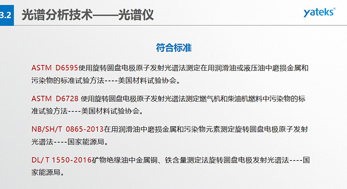 ASTM D6595使用旋转圆盘电极原子发射光谱法测定在用润滑油或液压油中磨损金属和污染物的标准试验方法----美国材料试验协会。 &nbsp; ASTM D6728 使用旋转圆盘电极原子发射光谱法测定燃气机和柴油机燃料中污染物的标准试验方法----美国材料试验协会。 &nbsp; NB/SH/T 0865-2013在用润滑油中磨损金属和污染物元素测定旋转圆盘电极原子发射光谱法----国家能源局。 &nbsp; DL/ T 1550-2016矿物绝缘油中金属铜、铁含量测定法旋转圆盘电极发射光谱法----国家能源局。